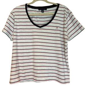 Women's Tommy Hilfiger Short Sleeve V-Neck Top Red White Blue, Size XXL, EUC